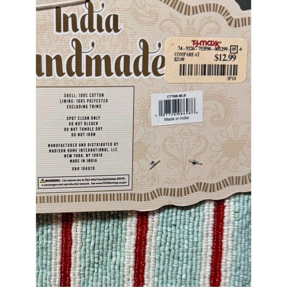 NWT India Handmade Blue White Striped Beaded Zipper Pouch Clutch - Picture 3 of 3